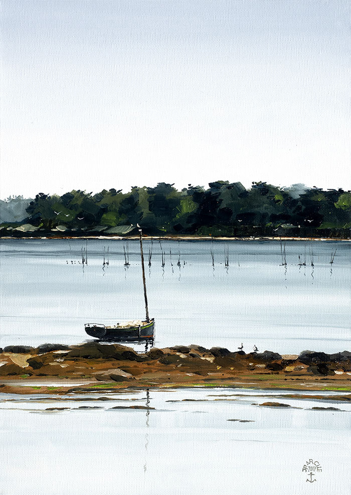 Réf. H-19.029 - Misainier au mouillage anse du Guip, Ile aux Moines. Huile sur toile 33x46 cm - Col. Particulière