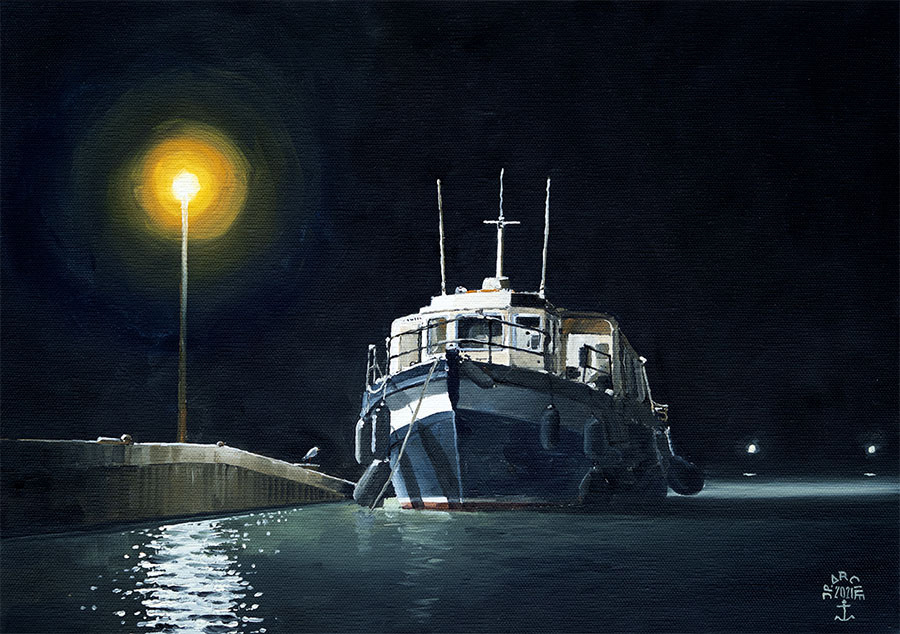 Réf. H-21.012 - Un nuit calme pour le petit passeur. Ile aux Moines. Huile sur toile 46x33 cm - Col. Particulière