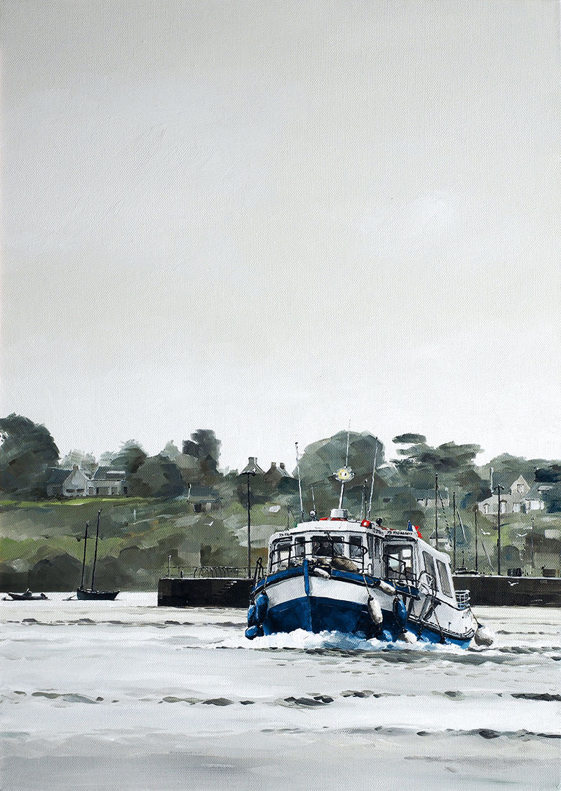 Réf. H-17.055 - L"Île aux Moines", le petit passeur - Ile aux Moines. Huile sur toile 46x65 cm - Col. particulière