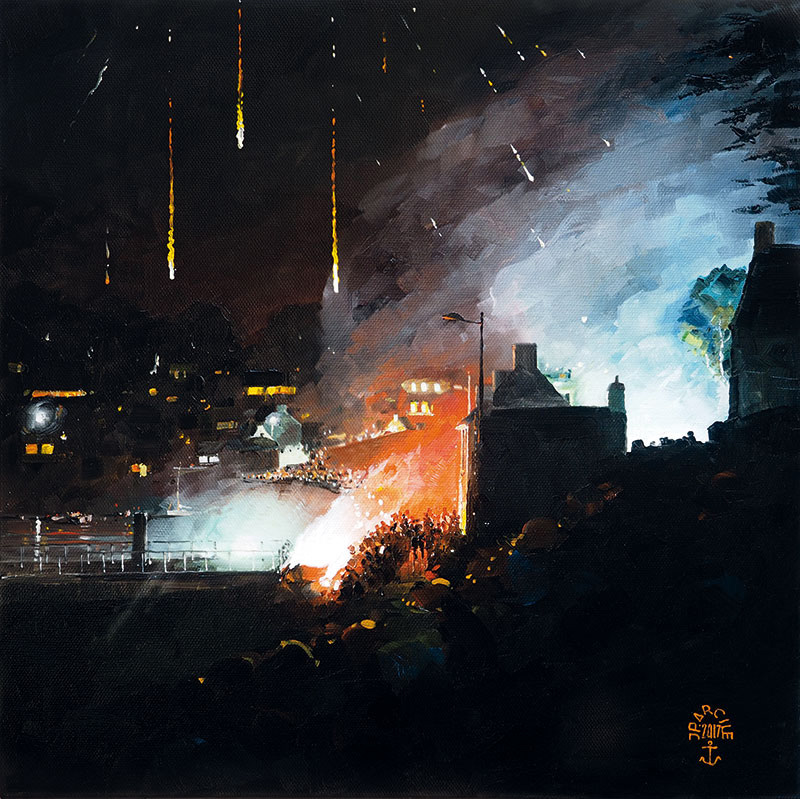 Réf. H-17.060 - Fusée foirée devant "Chez Charlemagne" - Ile aux Moines. Huile sur toile 40x40 cm - Col. particulière