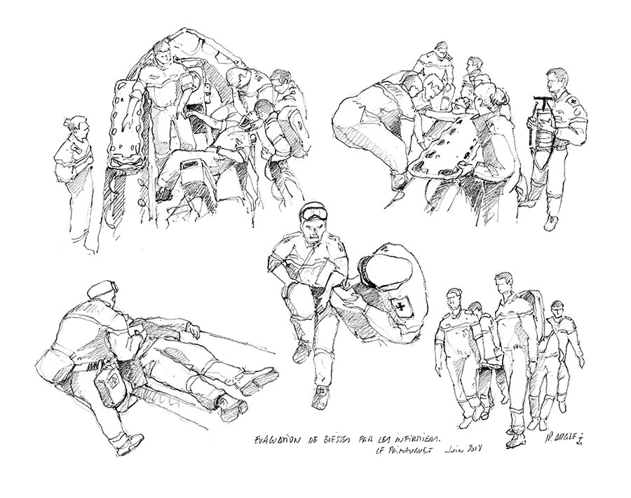 Crayonnés FASM Primauguet. 2vacuation d'un blessé par les infirmiers