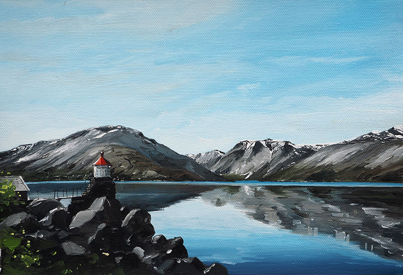 Réf. H-18.045 - Le Fjord Skjomen, Narvik (Norvège). Huile sur toile 32x22 cm