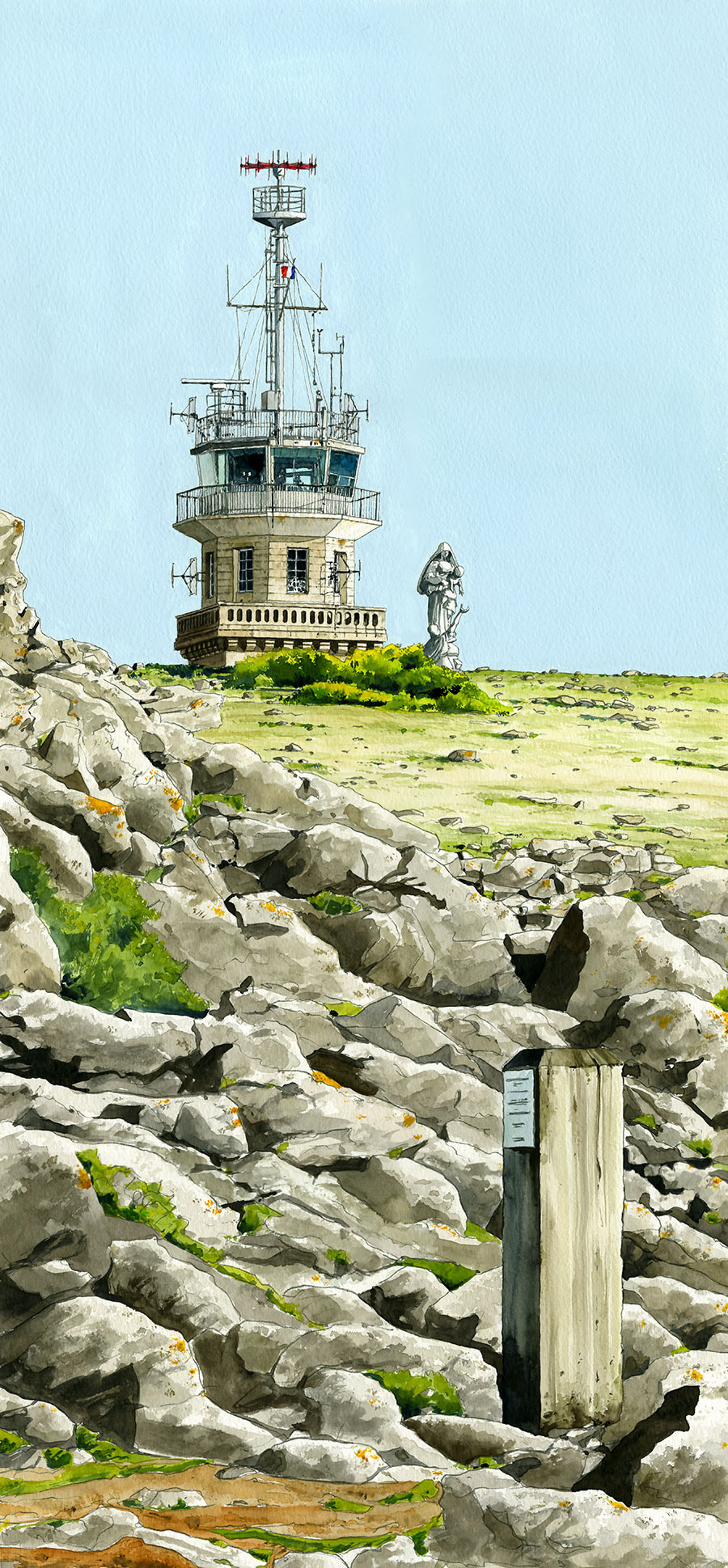 Réf. A-14.015 - Le Sémaphore de la Pointe du raz. Aquarelle/gouache 71x34 cm