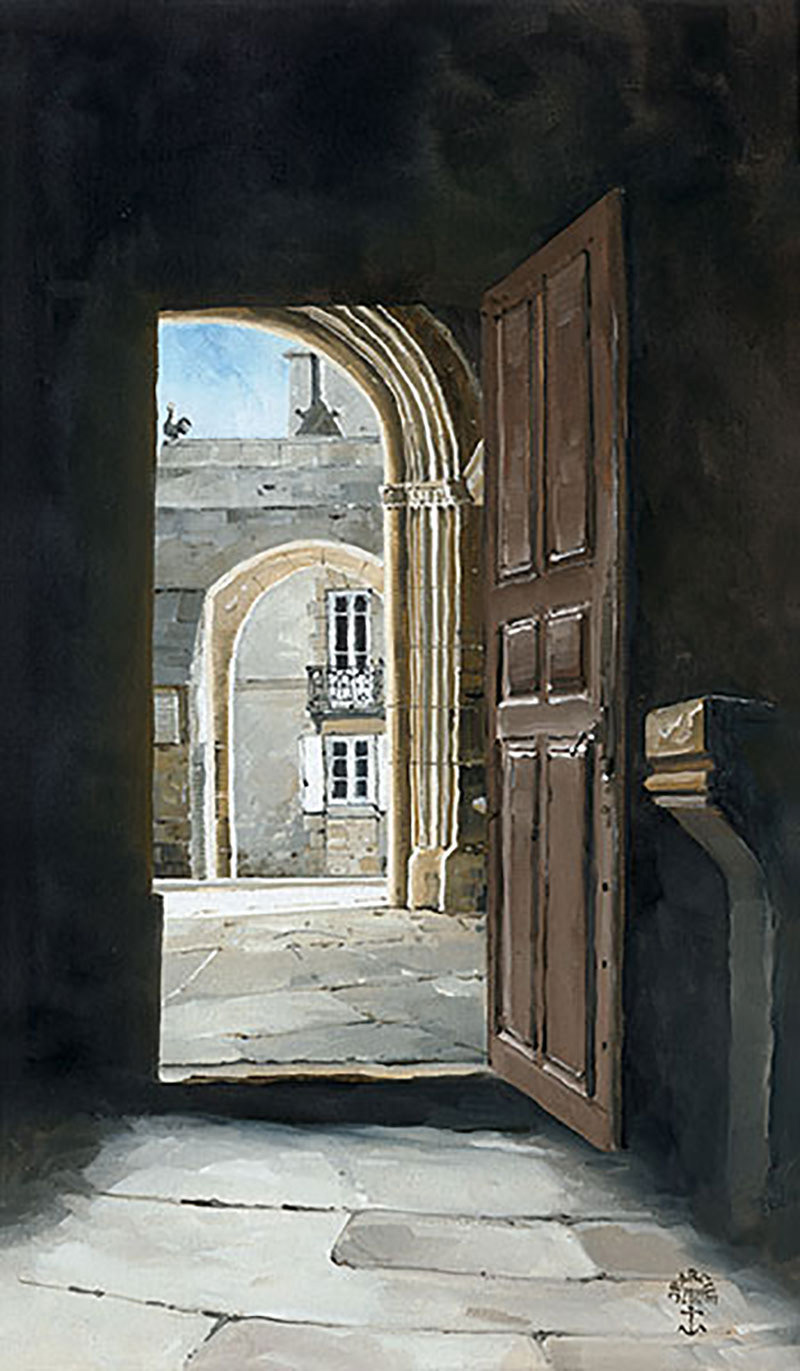Réf. H-19.046 - Porte de l'église St-Onneau, Esquibien. Huile sur toile 27x46 cm. Collection particulière