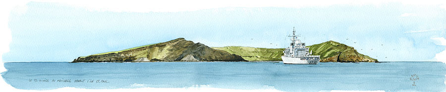 La FS Nivôse au mouillage devant l'île St-Paul. Aquarelle 47 x 12 cm - Col. Particulière