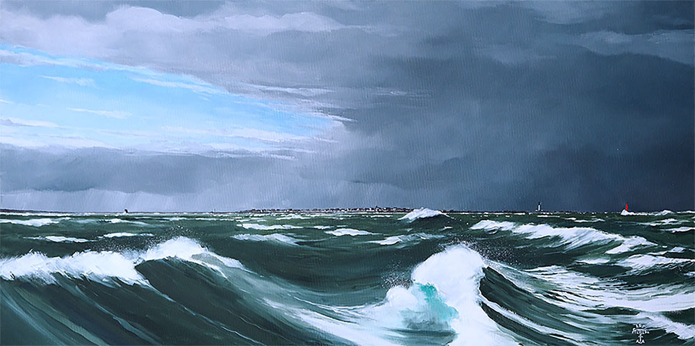 Réf. H-22.007 - L'île de Sein dans le sillage du l'Enez Sun. Huile sur toile 80x40 cm - 1500 €