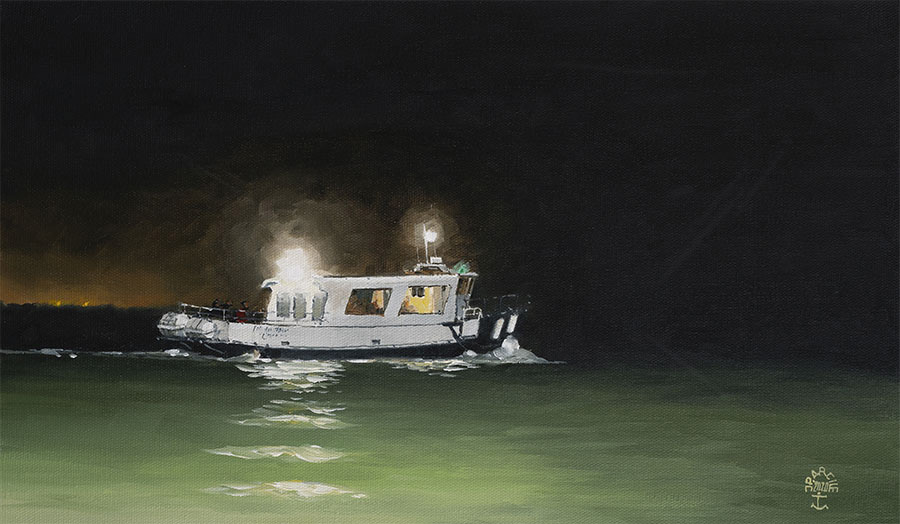 Réf. H-20.007 - Un passage de nuit sur l"Île aux Moines". Huile sur toile  46x27 cm - Col. Particulière
