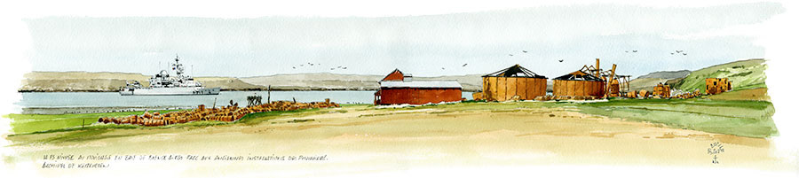La FS Nivôse au mouillage en Baie de Buenos-Aires, face aux anciennes installations des phoquiers. Archipel de Kerguelen. Aquarelle 45 x 12 cm - Col. Particulière