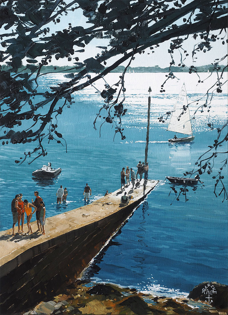 Réf. H-17.045 - Contre jour sur la cale du Goret, Ile aux Moines. Huile sur toile 33x46 cm - Col. particulière