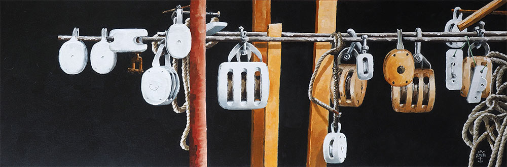 Réf. H-18.014 - Peintures et vernis pour le gréement dormant. Huile sur toile 120x40 cm - 1800 €