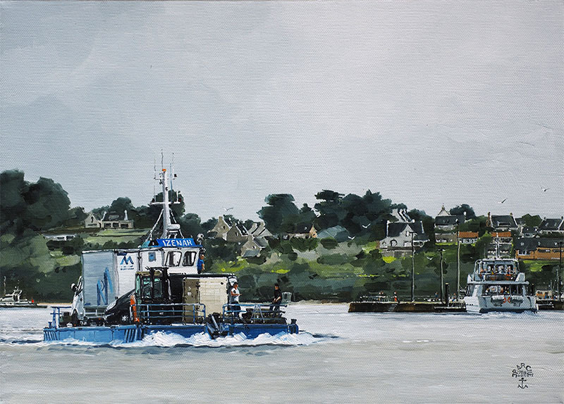 Réf. H-18.019 - La barge de Jean-Vincent, Ile aux moines. Huile sur toile 46x33 cm - Col. particulière