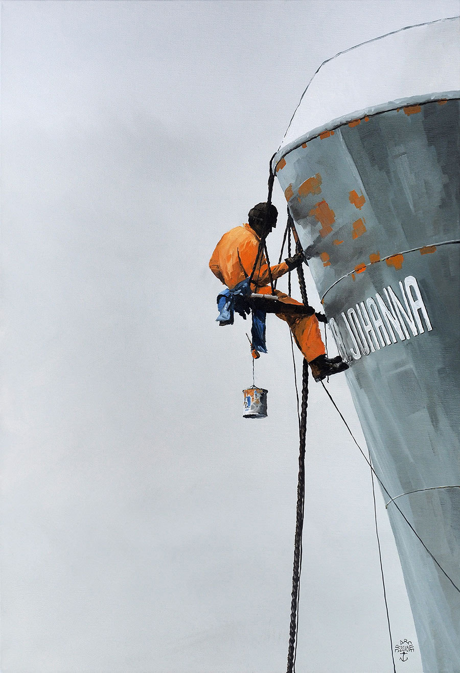 Réf. H-18.004 - Rafraichissement des œuvres mortes - Port de Douala. Huile sur toile 50x73 cm - Col. Particulière