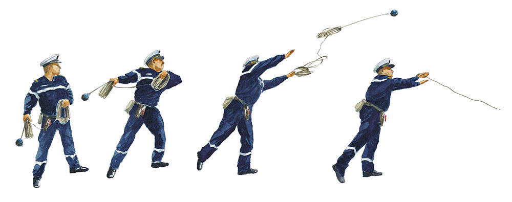 Réf. A-13.057 - Le lancé de touline sur le Var. Aquarelle 50x23 cm - Col. Particulière