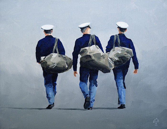 Réf. H-13.031 - Les 3 Elèves officiers au CIN St-Mandrier. Huile sur toile 35x27 cm - Col. Particulière