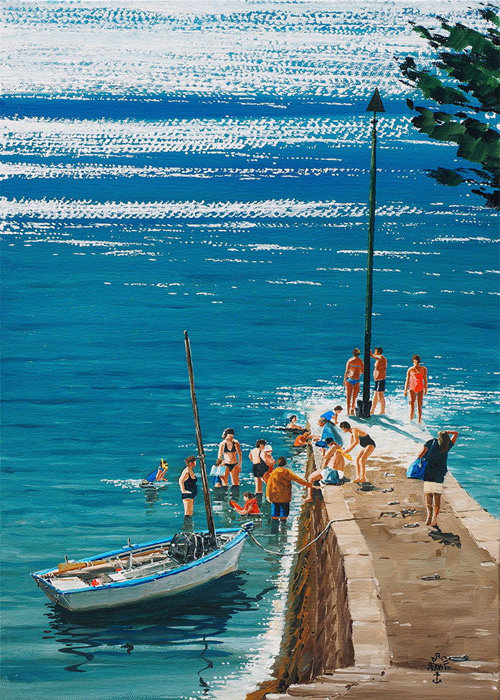 Réf. H-15.033 - La baingade sur le cale du Goret, Ile aux Moines. Huile sur toile 33x46 cm - Col. Particulière