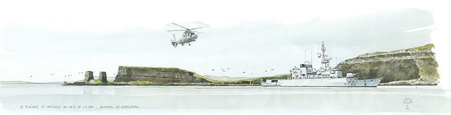 La FS Nivôse au mouillage Baie de l'oiseau. Archipel de Kerguelen. Aquarelle 46 x 13 cm Col. Particulière
