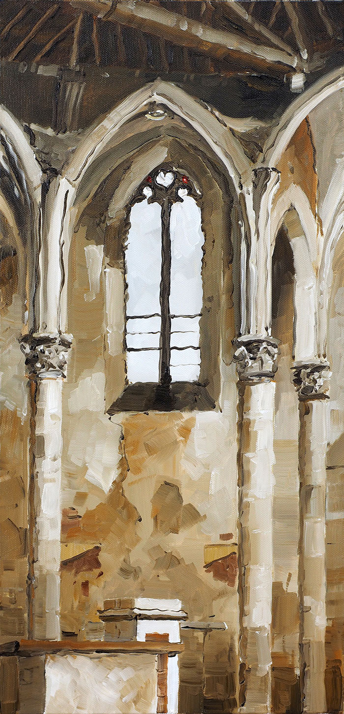 Réf. H-17.027 -Eglise de Flamarens, Gers. Huile sur toile 30x60 cm - 900 €