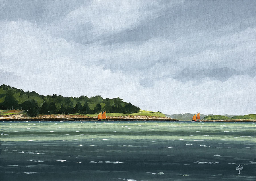 Réf. H-19.025 - Les sinago sous l'île d'Arz par vent frais. Huile sur toile 65x46 cm - 1400 €