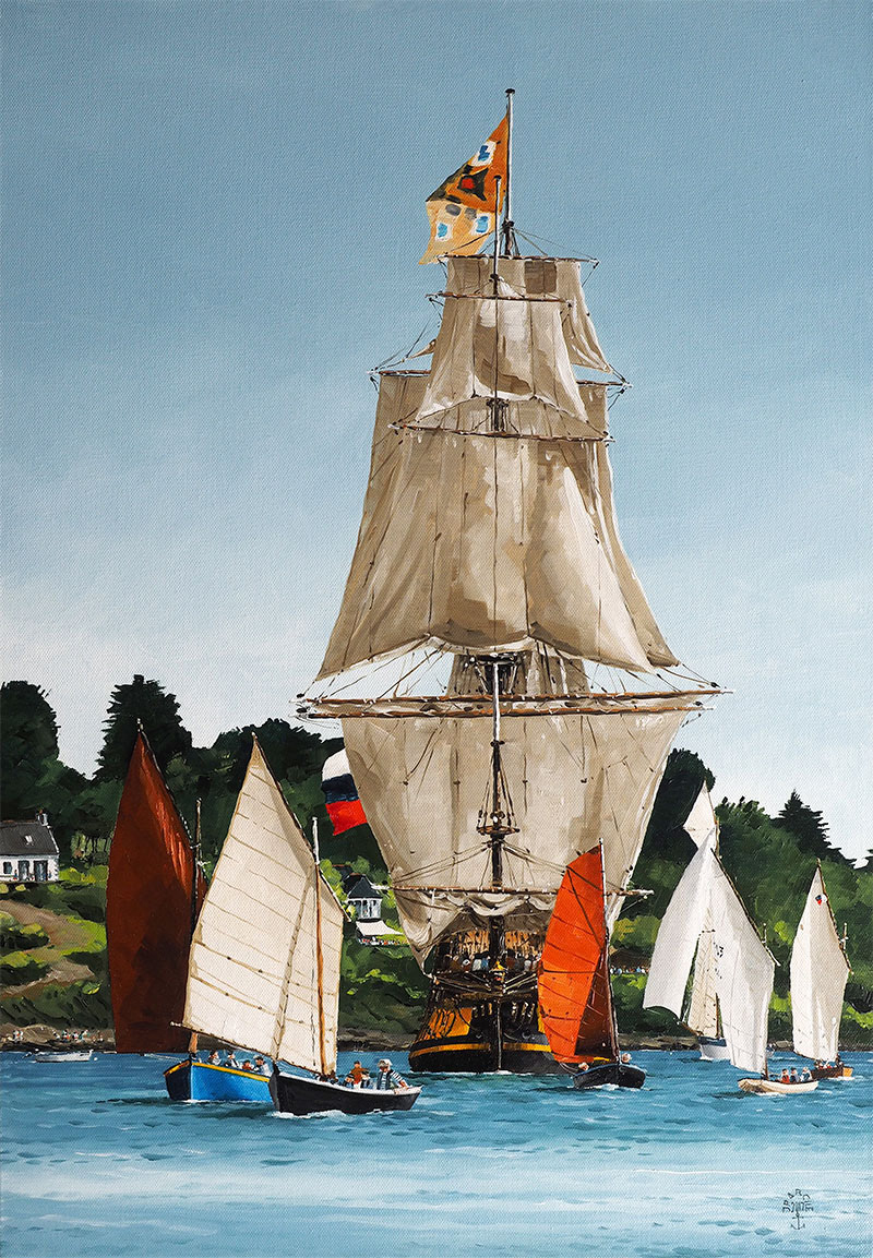 Réf. H-17.032 - La grande Parade de la Semaine du Golfe 2017 - Ile aux Moines. Huile sur toile 50x73 cm - 1700 €