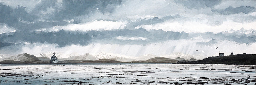 Réf. H-17.012 - La frégate "Nivôse" au mouillage dans le Golfe du Morbihan à Port-Aux-Français. Archipel des Kerguelen. Huile sur toile 120x40 cm - Col. particulière