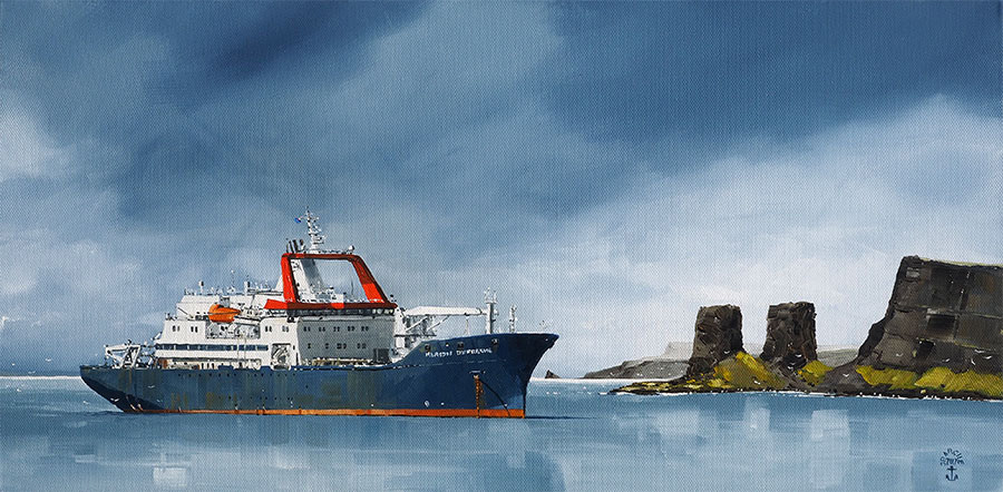 Réf. H-17.018 - Le "Marion Dufresne" en baie de l'Oiseau. Archipel des Kerguelen. Huile sur toile 60x30 cm - Col. particulière