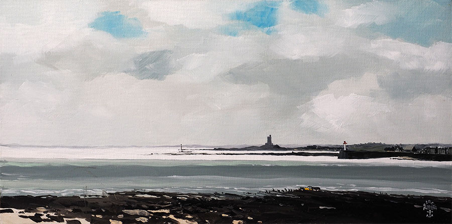 Réf. H-18.010 - Contre-jour sur le fort et le port de St-Vaast-La-Hougue. Huile sur toile 60x30 cm