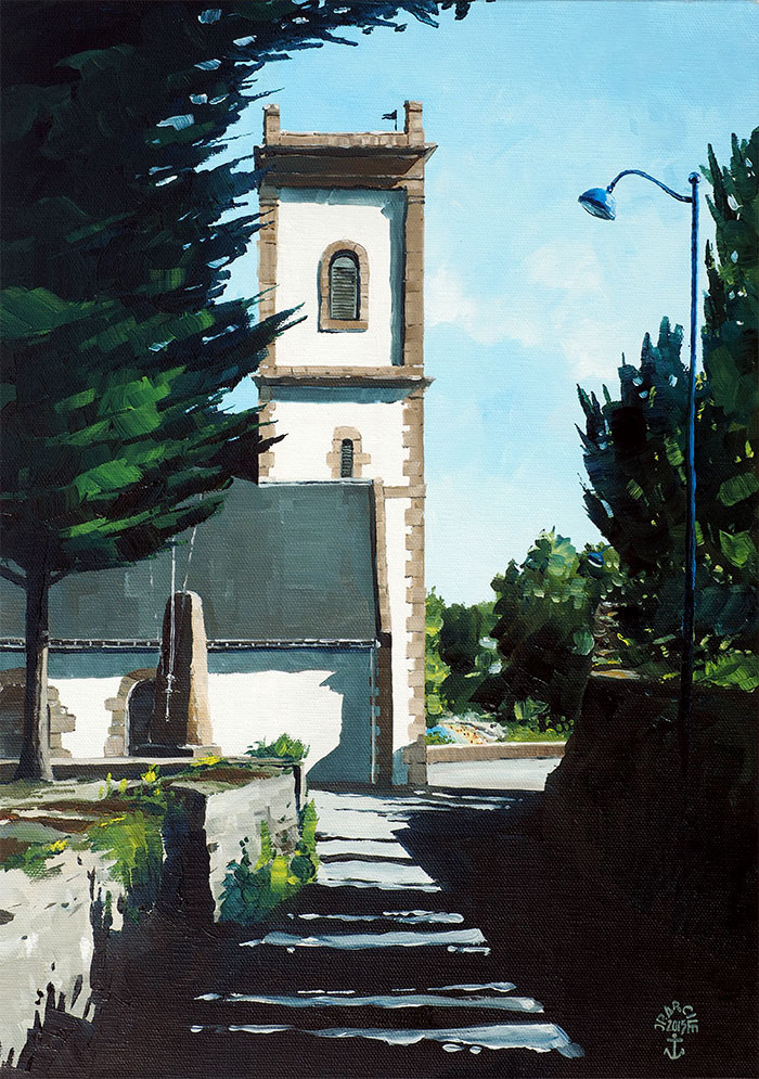Réf. H-15.025 - Arrivée sur l'église et Port Miquel. Ile aux Moines. Huile sur toile 33x46 cm - Col. Particulière