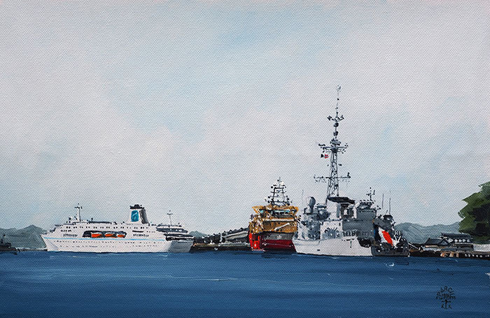 Réf. H-18.040 - Le "Primauguet" en escale à Bergen (Norvège). Huile sur toile 32x22 cm - 390 €