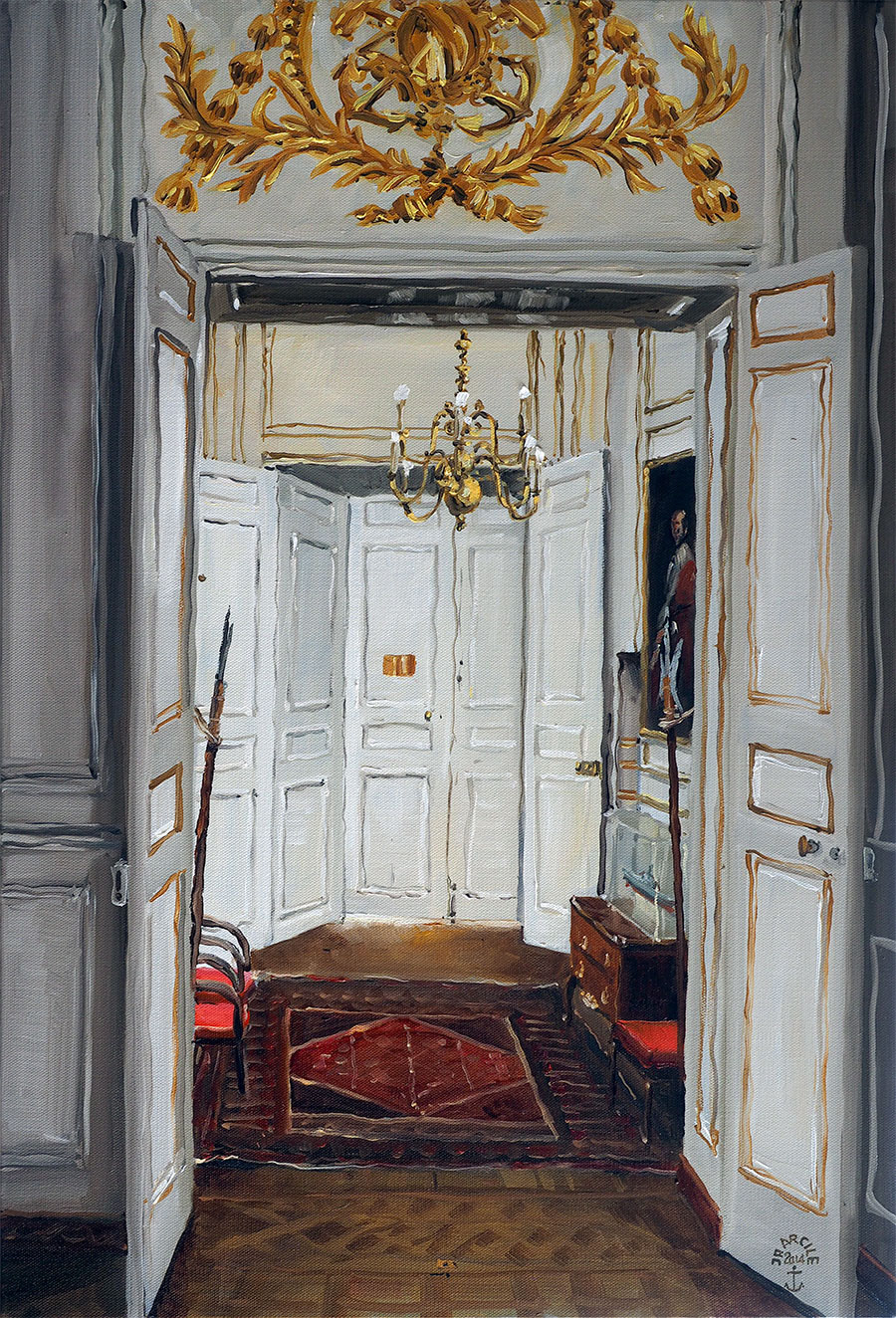 Réf. H-14.045 -Hôtel de la Marine, Paris -  L'antichambre du bureau du Chef d'État Major de la marine. Huile sur toile 50x73 cm - Col. particulière