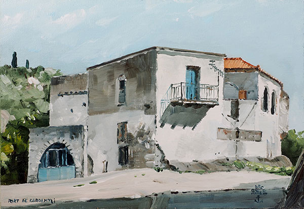 Réf. H-16.048 - Anciens bâtiments sur le port de Kadamyli. Grèce. Huile sur médium toilé 24x16 cm - 150 €