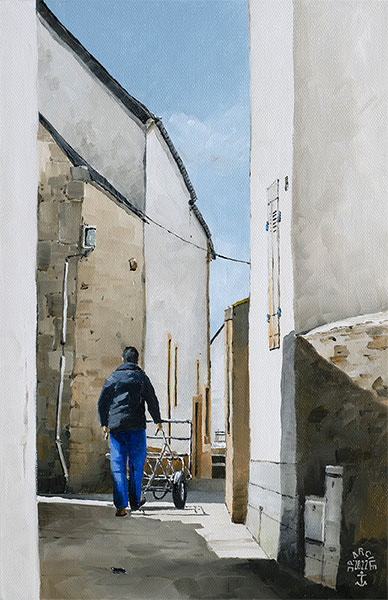 Réf. H-22.040 - Retour du port dans les ruelles de l'île de Sein. Huile sur toile 24x35 cm - 450 €