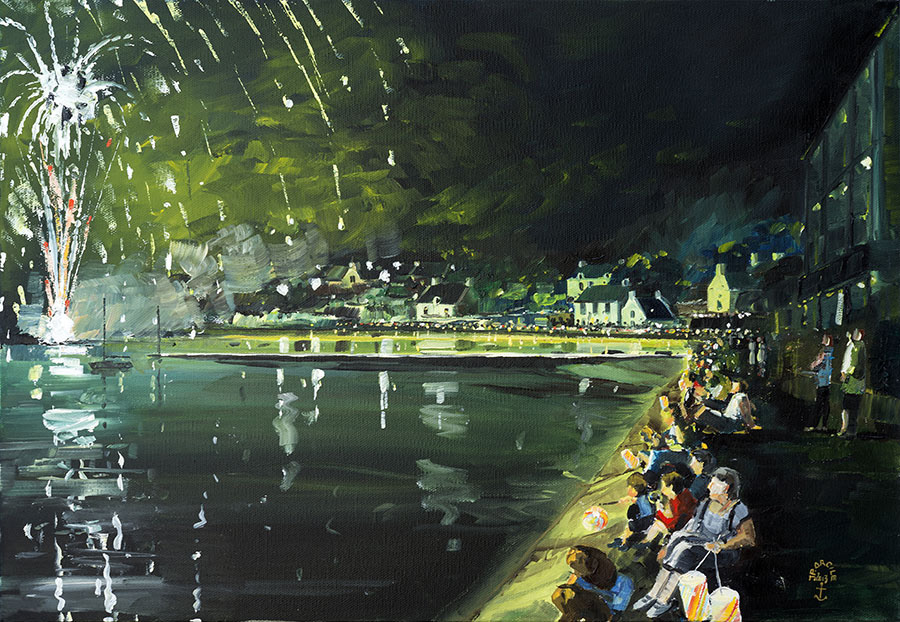 Réf. H-13.061 - Feu d'artifice du 15 août sur l'île aux moines. Huile sur toile 55X38 cm - Col. Particulière