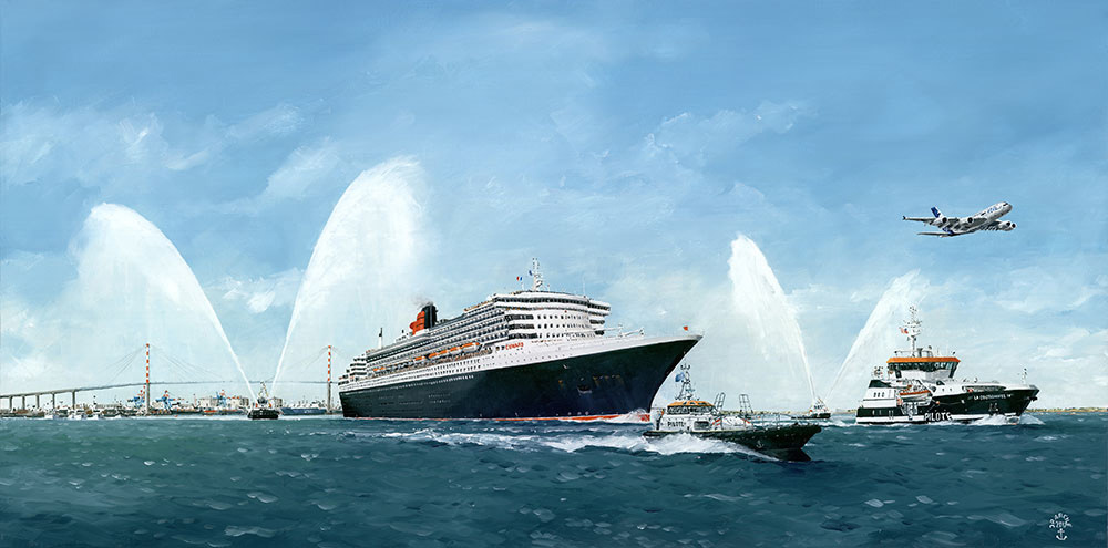Réf. H-17.064 - Les pilotes de la Loire accompagnent le "Queen Mary II" au départ de St-Nazaire. Huile sur toile 100x50 cm - Col. particulière