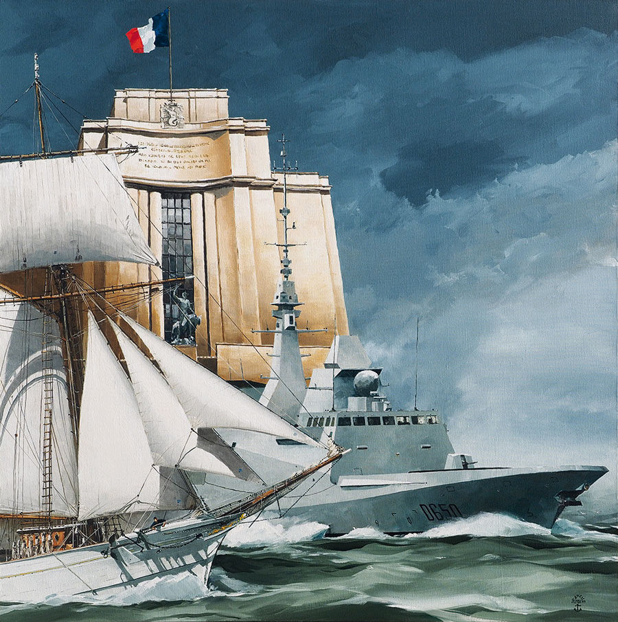 Réf. H-16.060 - Le Musée de la Marine, gardien du patrimoine de la mer et des marins. Huile sur toile 100x100 cm - 2800€