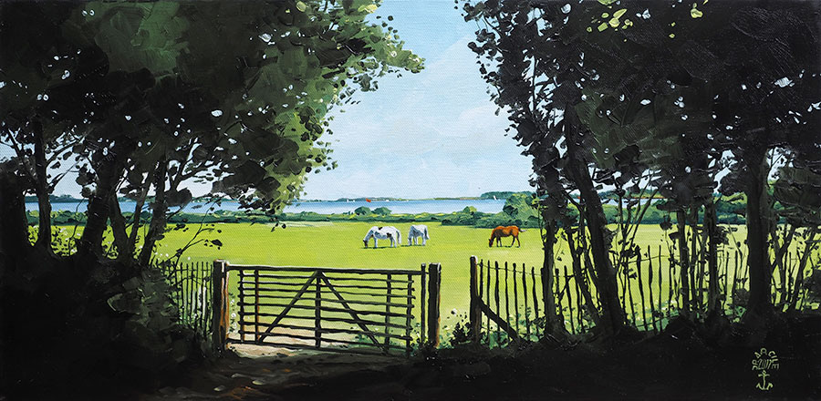 Réf. H-17.050 - Les vertes prairies du Vran - Ile aux Moines. Huile sur toile 60x30cm - 700 €