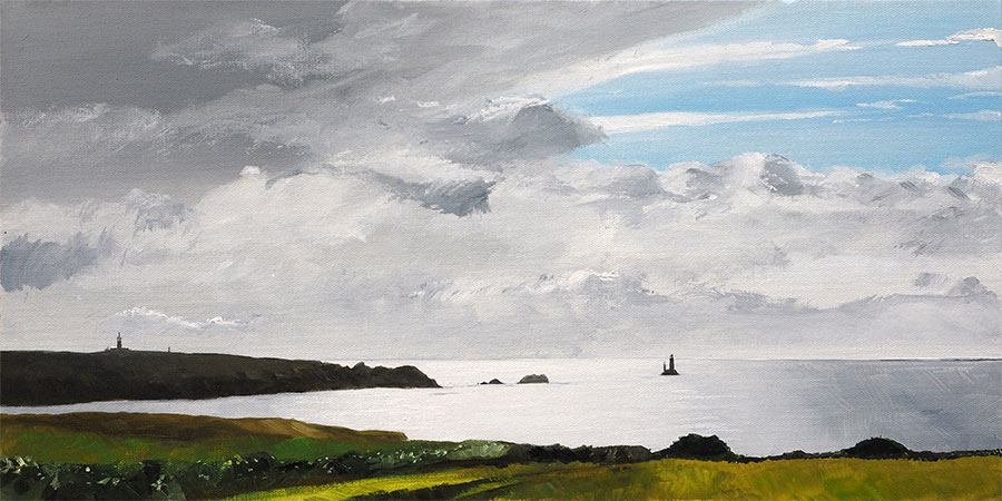 Réf. H-15.053 - Contre-jour sur la pointe du Raz (Cap Sizun). Huile sur toile 60x30 cm - Col. particulière