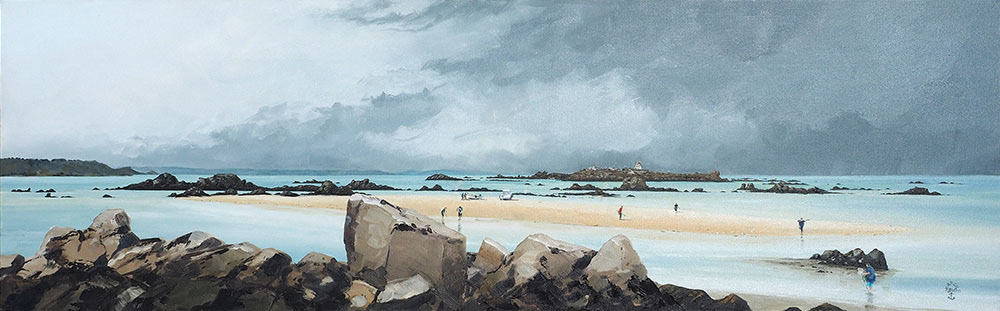 Réf. H-16.019 - Les îles de St-Quay et l'île Harbour vues de l'Herflux - St-Quay-Portrieux. Huile sur toile 120x40 cm - Col. particulière