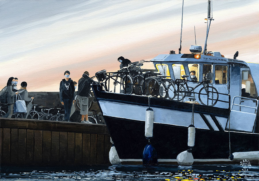 Réf. H-21.021 - Embarquement des vélos sur le passeur. Ile aux Moines. Huile sur toile 46x33 cm - 900 €