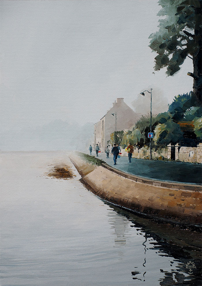 Réf. H-15.031 - Arrivée des entreprises au matin sur l'île aux Moines. Huile sur toile 33x46 cm - Col. Particulière