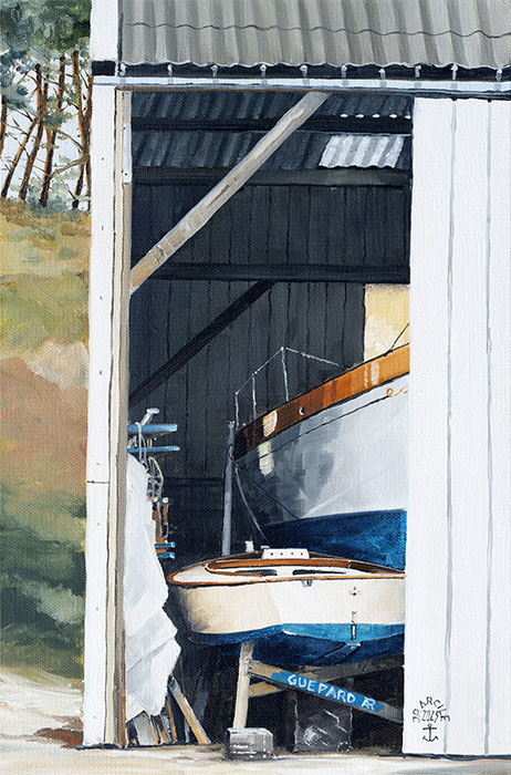 Réf. H-23.030 - Cul de "Guépard" avant sa sortie printanière. Huile sur toile 27x41 cm - Collection particulière