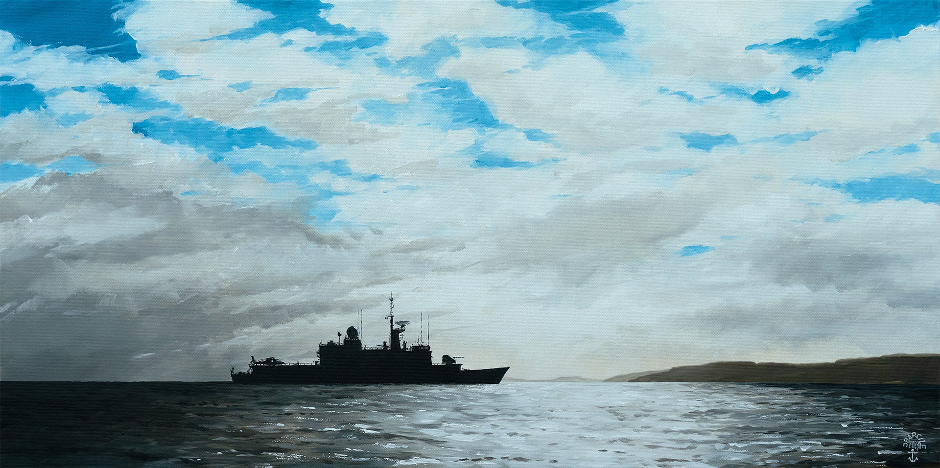 H-23.003 - Une frégate de surveillance aux abords des Kerguelen. Archipel des Kerguelen. Huile sur toile 80x40 cm. 1300 €