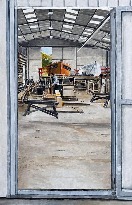 Réf. H-23.031 - La porte du hangar au Chantier du Guip. Ile aux Moines. Huile sur toile 27x41 cm - 600 €