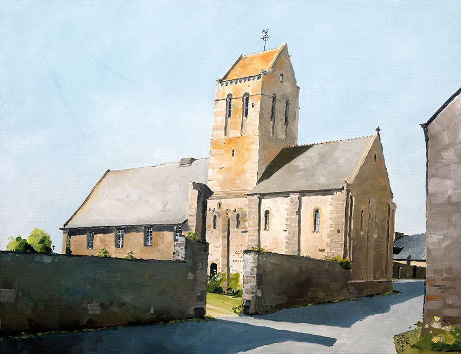 Réf. H-19.054 - Le prieuré de Saint-Léonard à Vains (50). Huile sur toile 65x50 cm - 1600 €