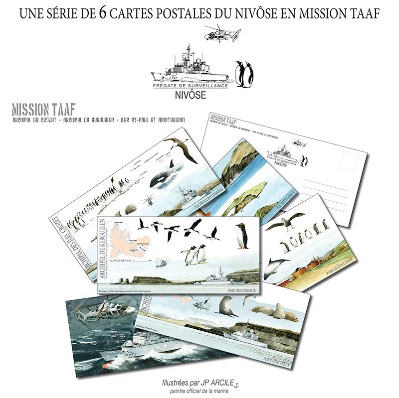 Série de Six cartes postales sur la mission TAAF de la FS "Nivôse"