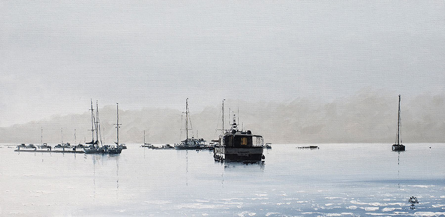 Réf. H-16.002 - Les pontons du port de l'île aux Moines après la saison. Huile sur toile 60x30 cm - Col. Particulière