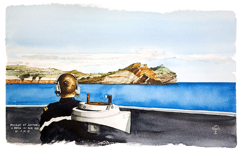 Réf. A-13.052 - Passage du Var à Santorin (Cyclades). Aquarelle 25x15 cm - Col. particulière