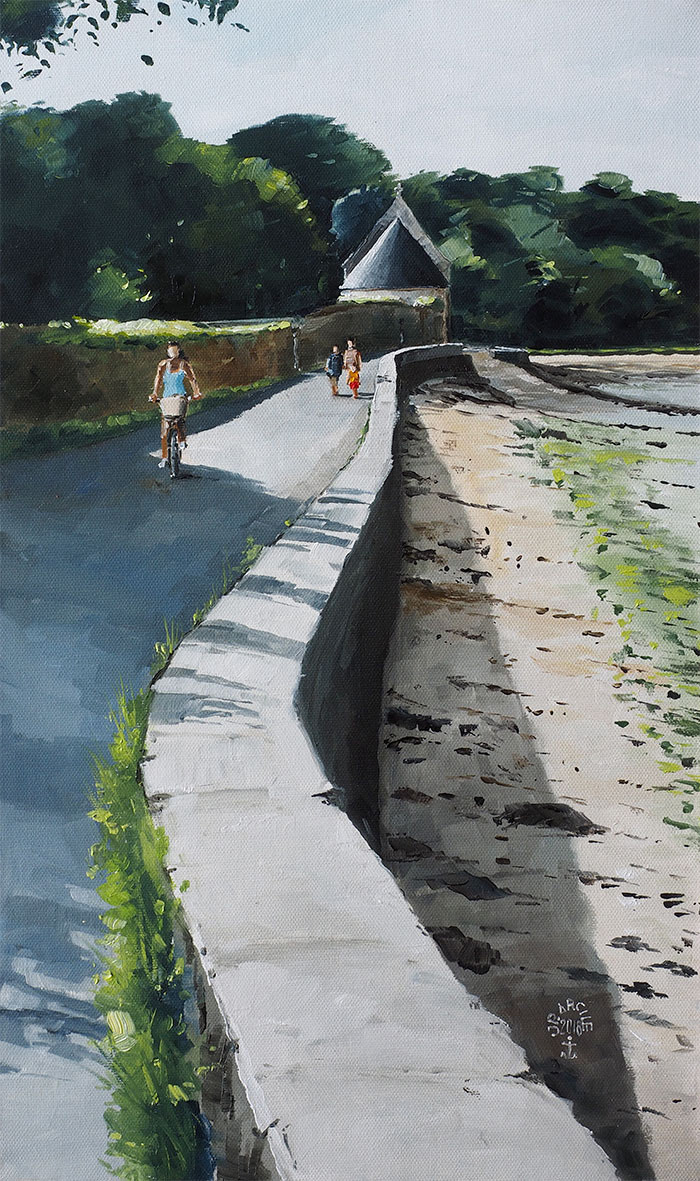 Réf. H-18.038 - Le muret de l'anse du Guéric, Ile aux Moines. Huile sur toile 33x55 cm - 850 €