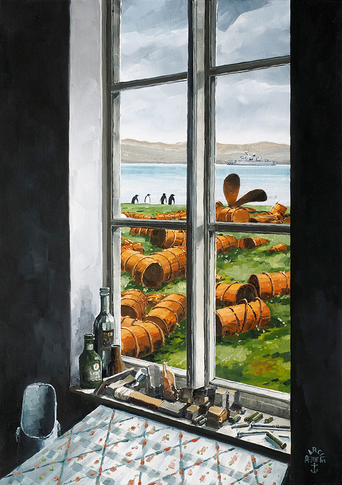 Réf. H-17.017-Dans les baraquements de l'ancienne station phoquière de Port-Jeanne-d'Arc- Archipel des Kerguelen. Huile sur toile 65 x 46cm