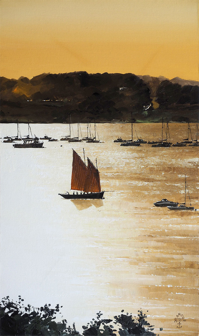 Réf. H-17.052 - Le "Crialeïs" de retour à son mouillage - Ile aux Moines. Huile sur toile 33x55 cm - Col. particulière