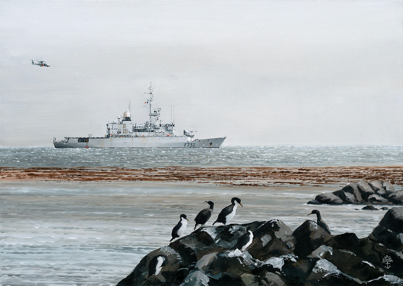 H-23.005 - La frégate de surveillance "Nivôse" Dans la Baie des Français. Archipel des Kerguelen. Huile sur toile 65x46 cm. 1550 €
